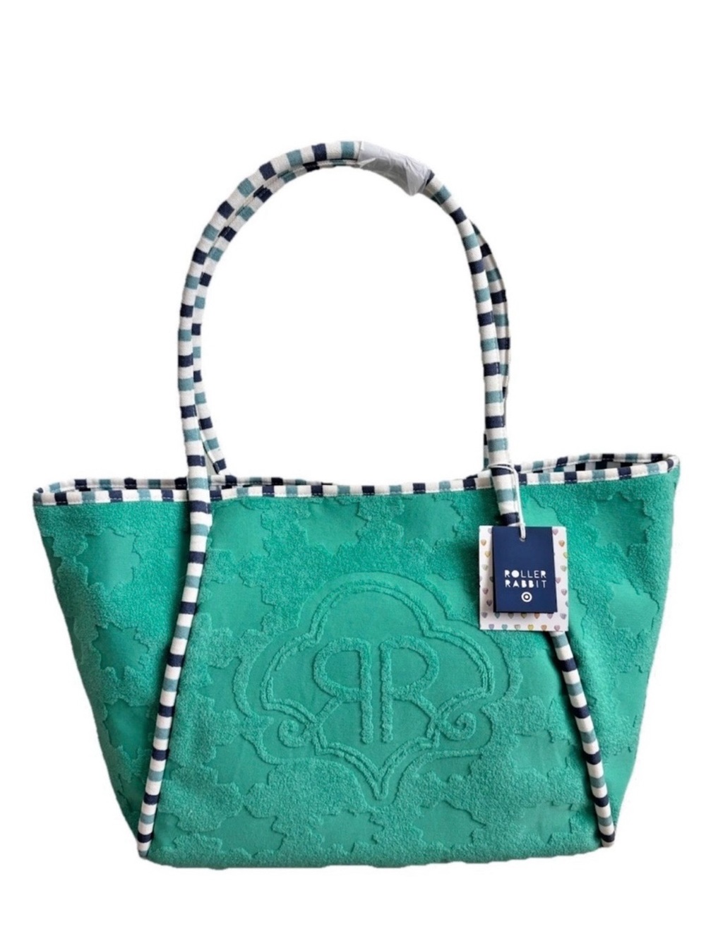 Roller Rabbit Teal Embossed Terry Tote with Striped Handles Green
